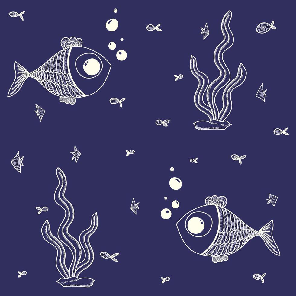 pattern with hand drawn fish and seaweed on blue background vector