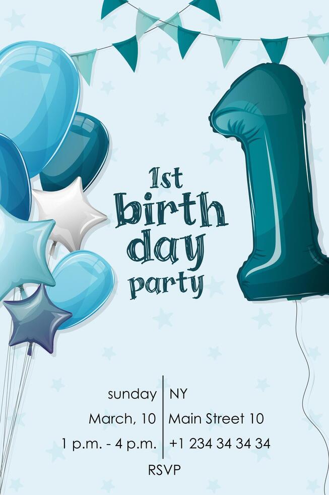 boy birthday invitation with inflatable balloons in the shape of stars and number one in blue flowers vector