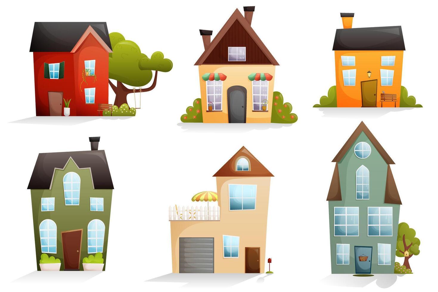 set of 6 multi-colored detailed fairy houses in yellow, green and red colors vector
