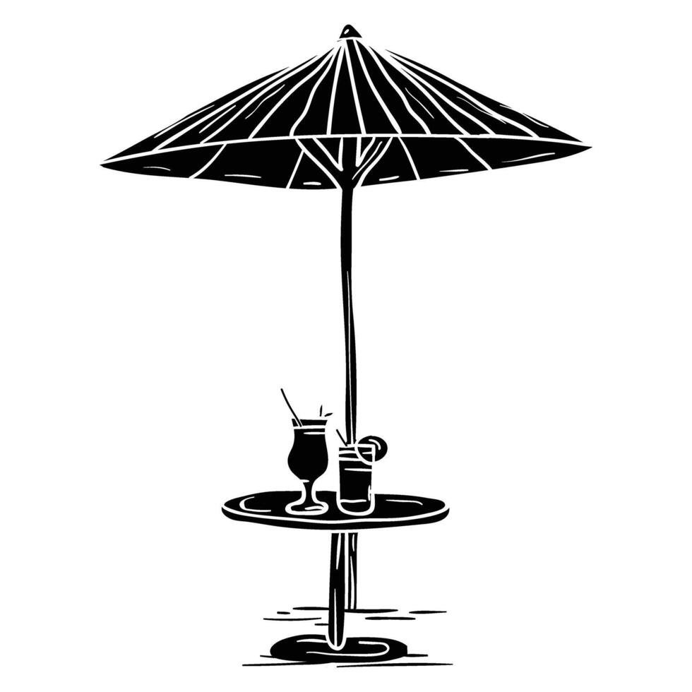 a black and white drawing of an umbrella and table vector