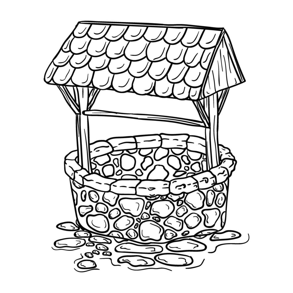 a well with stones and a roof coloring page vector