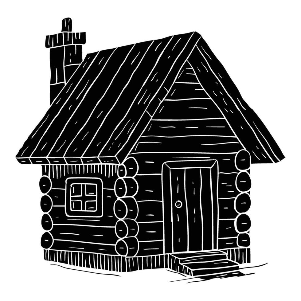 a black and white drawing of a log cabin vector