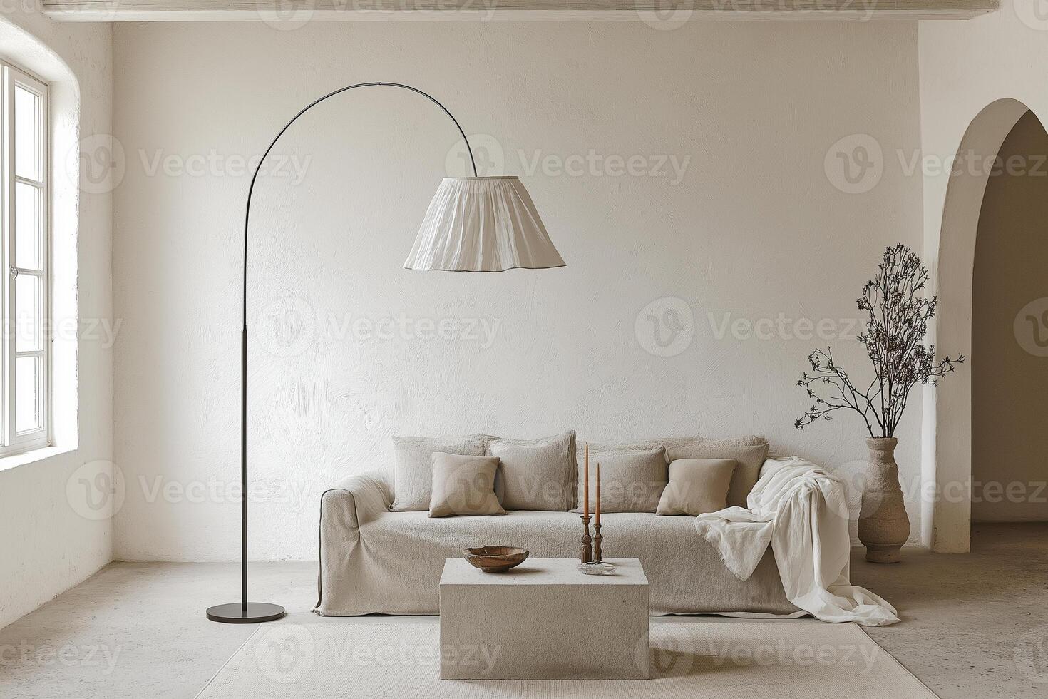Minimalist Living Room Design with Arc Floor Lamp photo