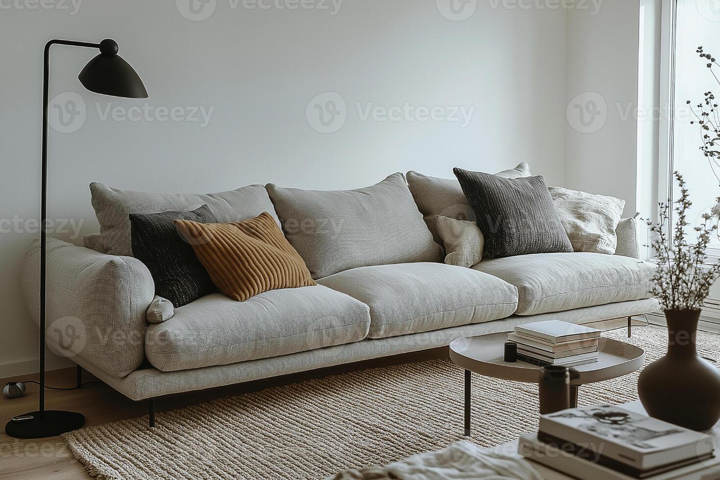 Serene Living Room Interior Design with Neutral Tones and Textured Fabrics photo