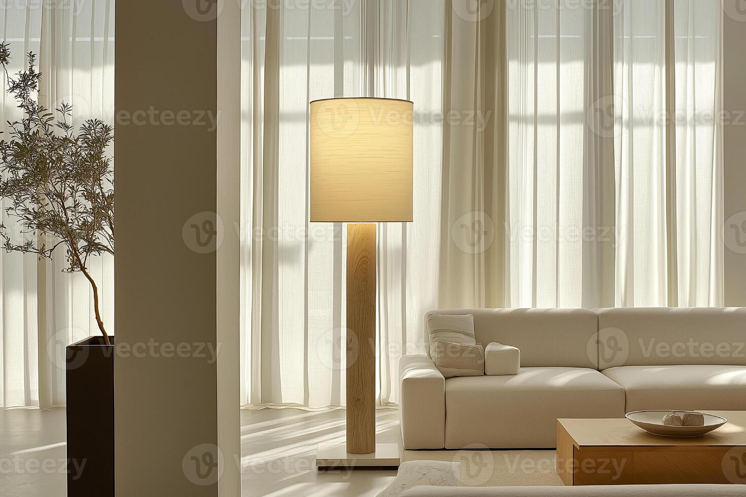 Modern Minimalist Living Room with Wooden Floor Lamp photo
