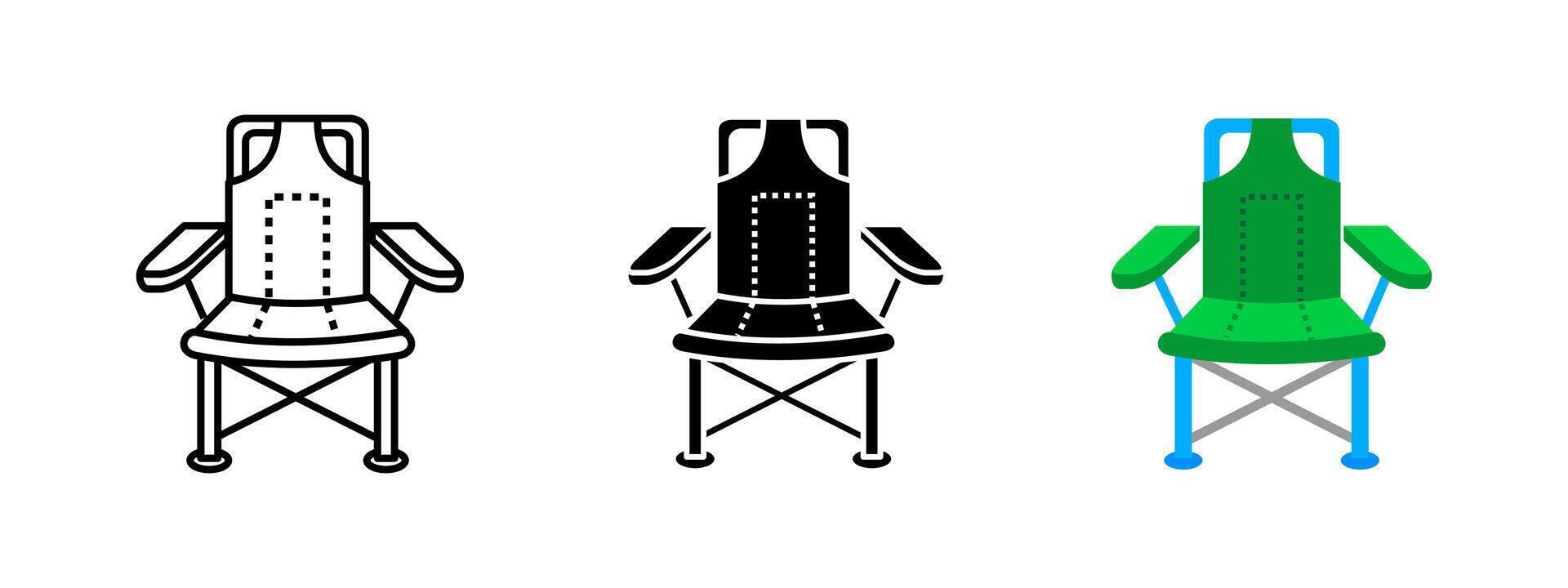 Folding chair icon. Portable outdoor seating for camping, hiking and travel. Lightweight and compact fishing chair design illustration. Symbol of relaxation, adventure and recreation in nature. vector