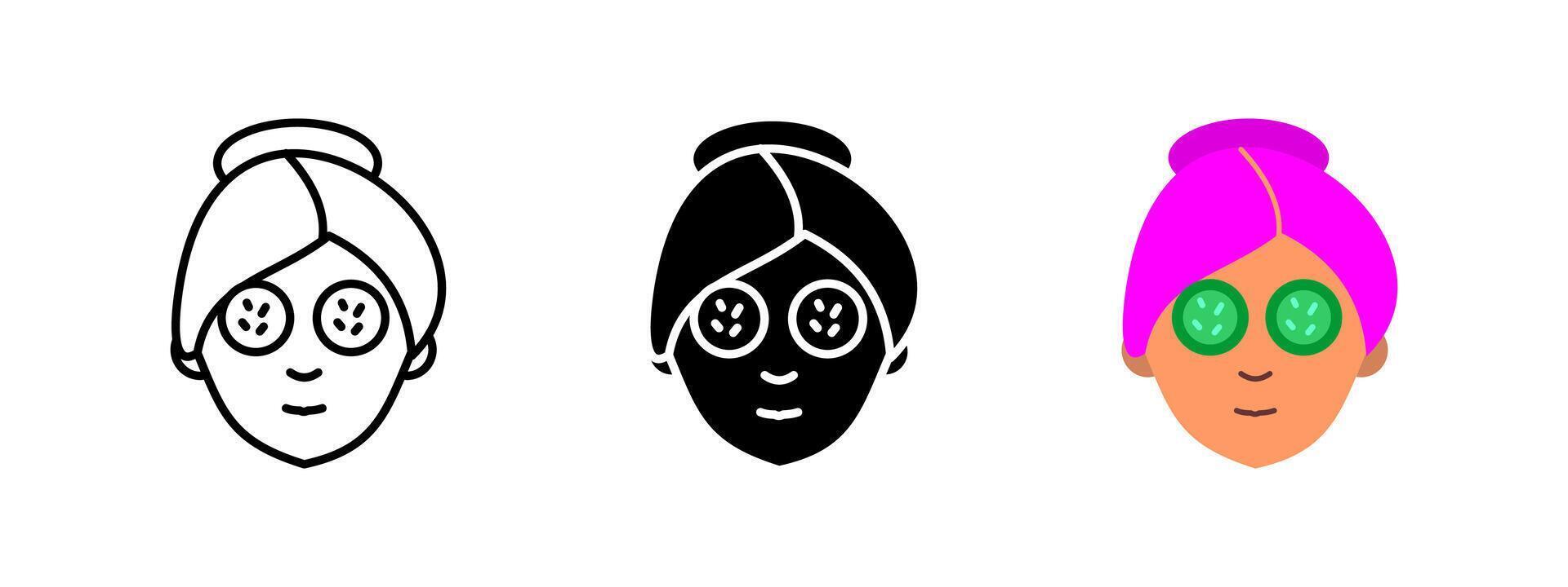 Spa cucumber mask icon. Face with cucumber slices for skincare and relaxation. Beauty treatment and self-care illustration. Wellness and rejuvenation pictogram. vector