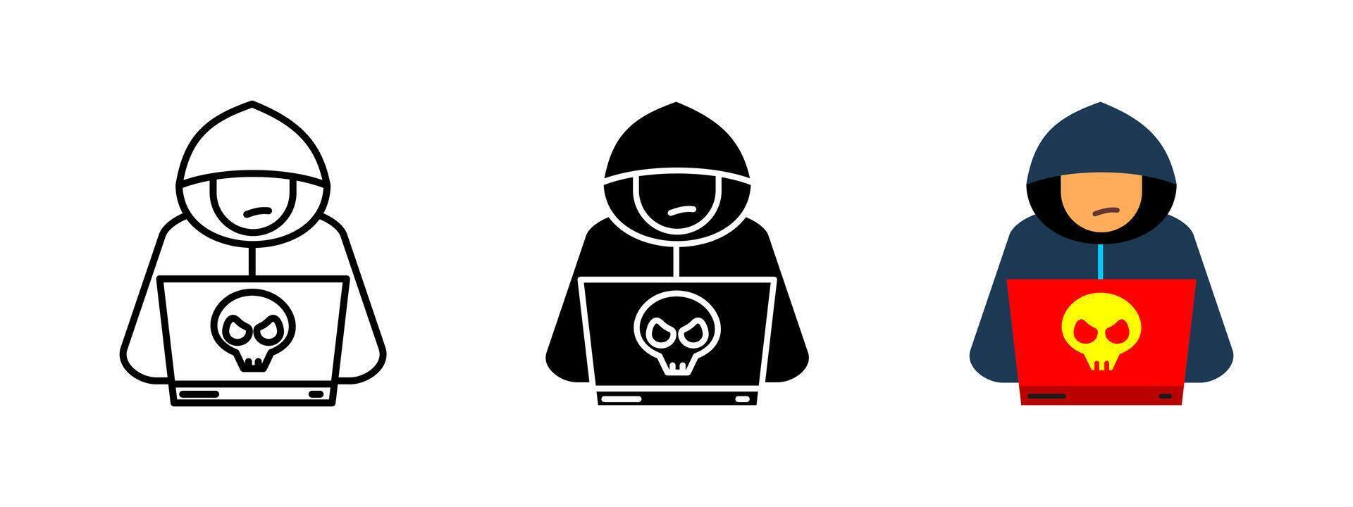 Hacker icon. A hooded figure using a laptop with a skull symbol, representing cyber threats, online fraud and identity theft. Symbol of cybersecurity risks and digital crime. Data protection concept. vector