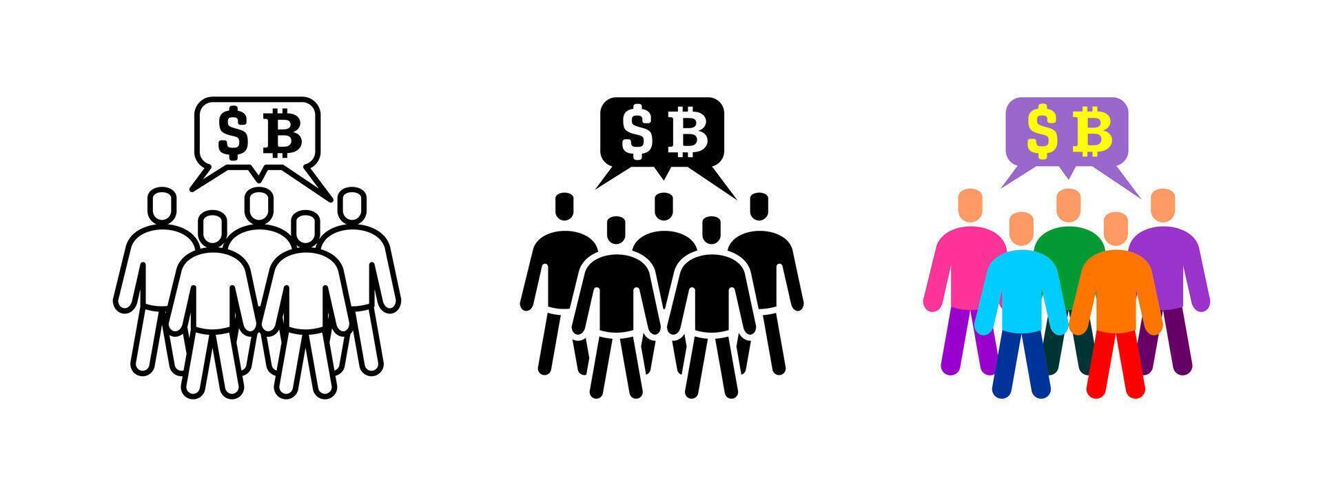 Financial discussion icon. Investment group of people talking about digital finance, bitcoin and blockchain technology. Crypto community symbol. Economic forum. Online financial conversation concept. vector