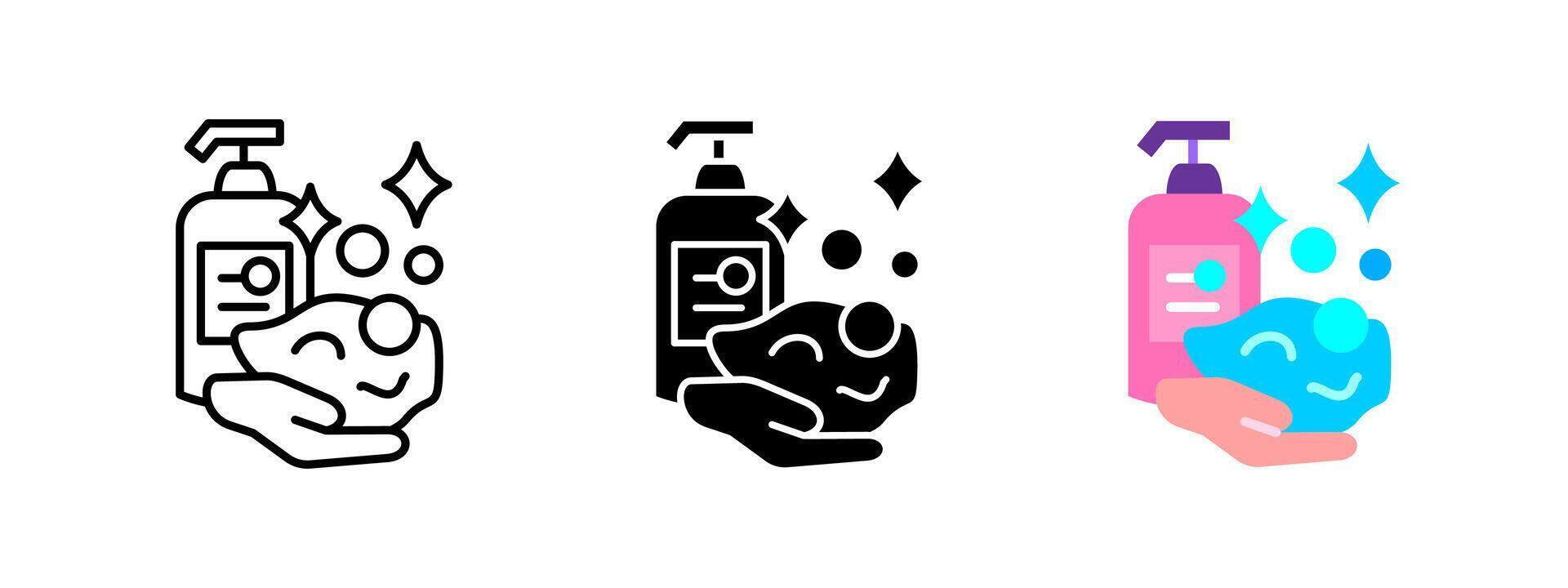 Personal hygiene icon. Hand washing with liquid soap and foam bubbles representing cleanliness and sanitation. Health and personal care illustration. Liquid soap dispenser and loofah pictogram. vector