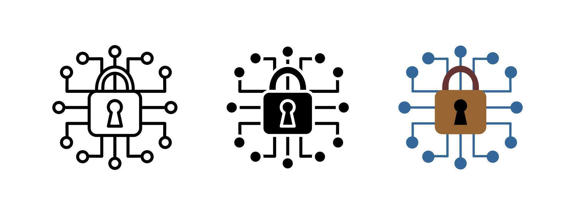Digital network security icon. Cyber protection symbol with a padlock and circuit connections. Encryption, privacy and data safety in online systems. Cybersecurity and secure access concept. vector
