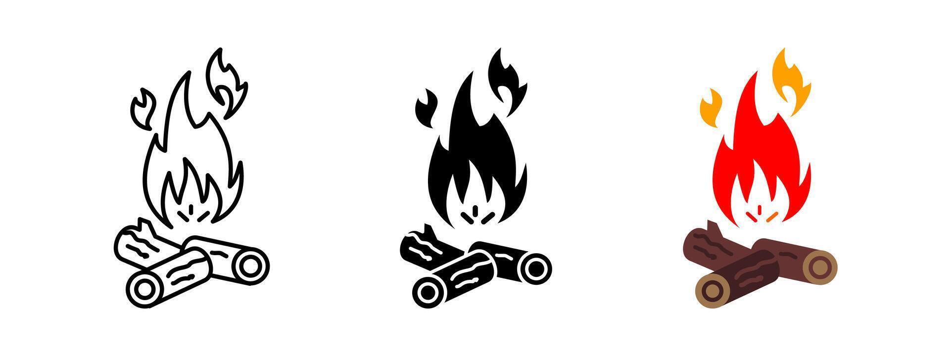 Campfire icon. Burning firewood with flames for outdoor cooking and warmth. Adventure and survival illustration. Camping, hiking and wilderness exploration concept. vector
