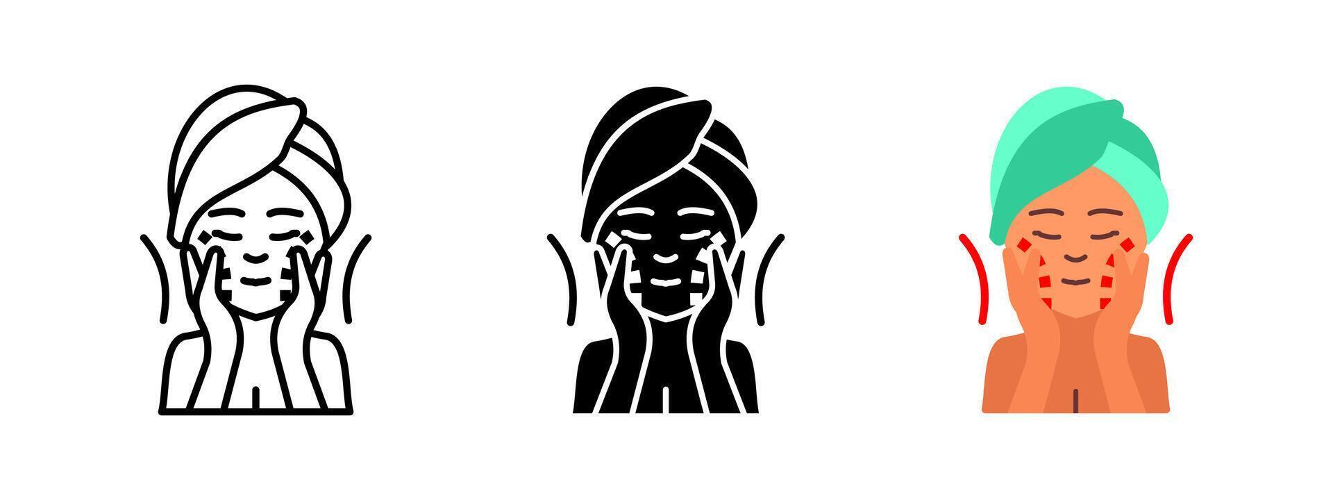 Face massage icon. Woman applying skincare treatment with gentle hand movements. Beauty and wellness routine illustration. Self-care and relaxation pictogram. vector