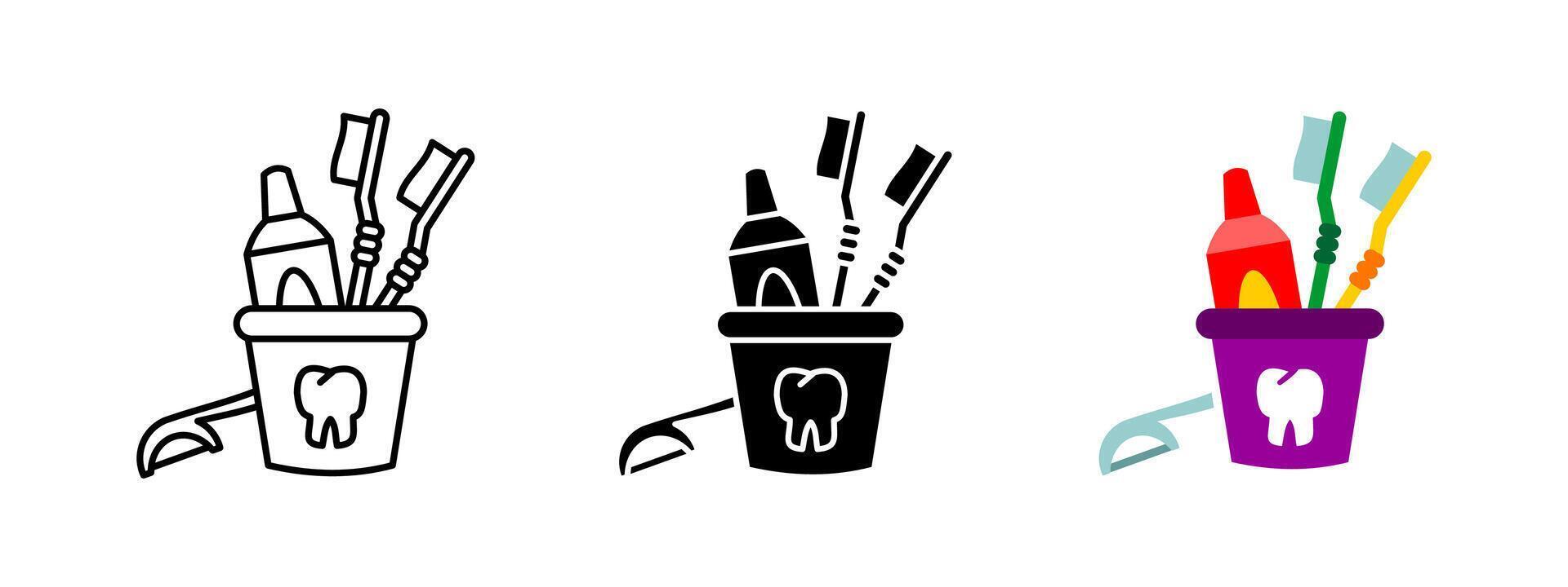 Oral hygiene icon. Toothbrush and toothpaste in a holder. Dental teeth care and hygiene. Daily morning routine, cleaning and mouth health illustration. Fresh breath concept. vector