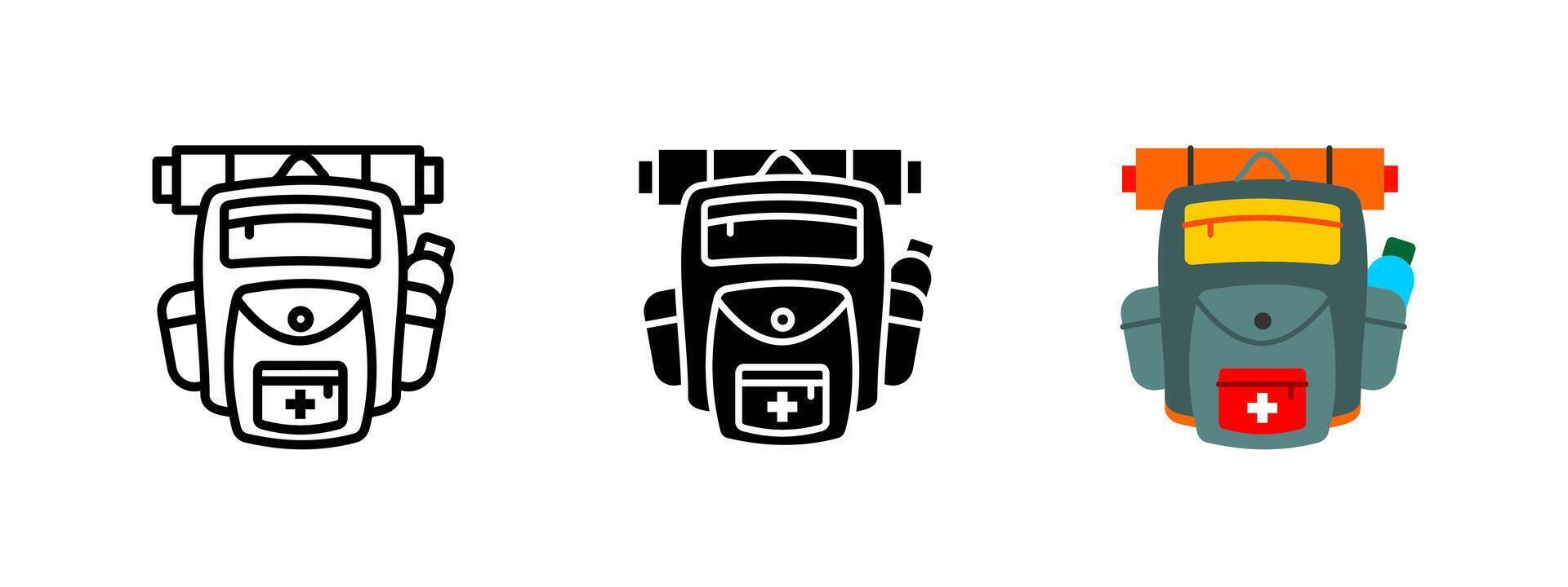Hiking backpack icon. Outdoor adventure gear with compartments for essentials. Camping, trekking and travel equipment illustration. Symbol of exploration, survival and expedition preparedness. vector