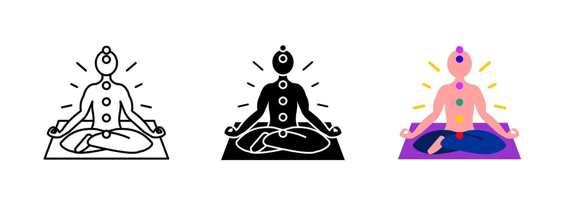 Meditation chakra icon. Person sitting in a meditative pose with aligned energy centers. Symbol of balance, mindfulness and inner healing. Spiritual and wellness illustration. vector