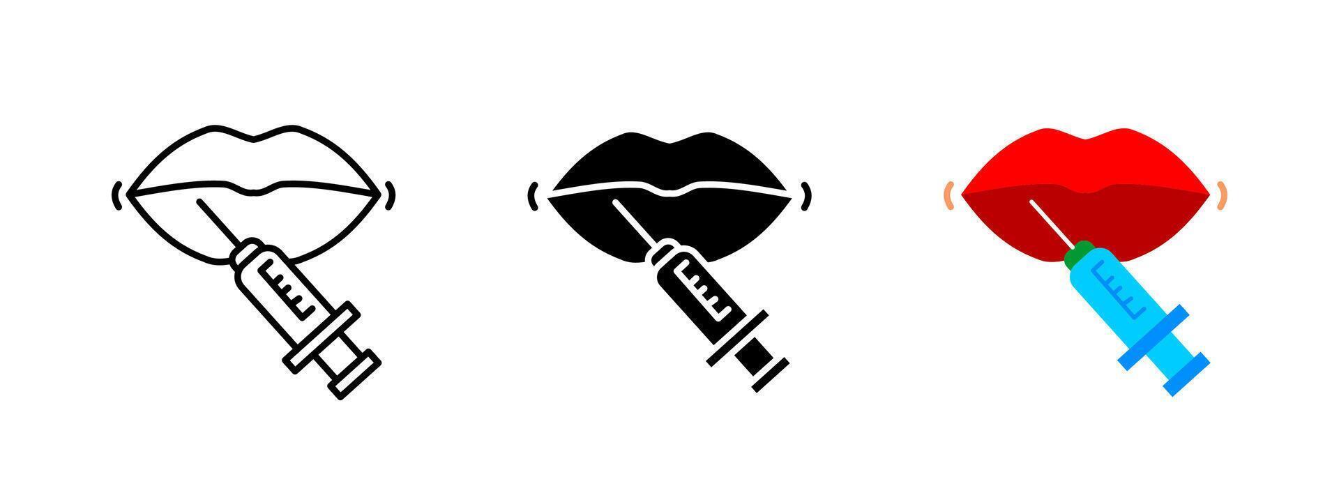 Lip injection icon. Syringe injecting filler into lips, symbolizing cosmetic enhancement and aesthetic treatments. illustration for dermatology, beauty clinics and lip skincare procedures. vector