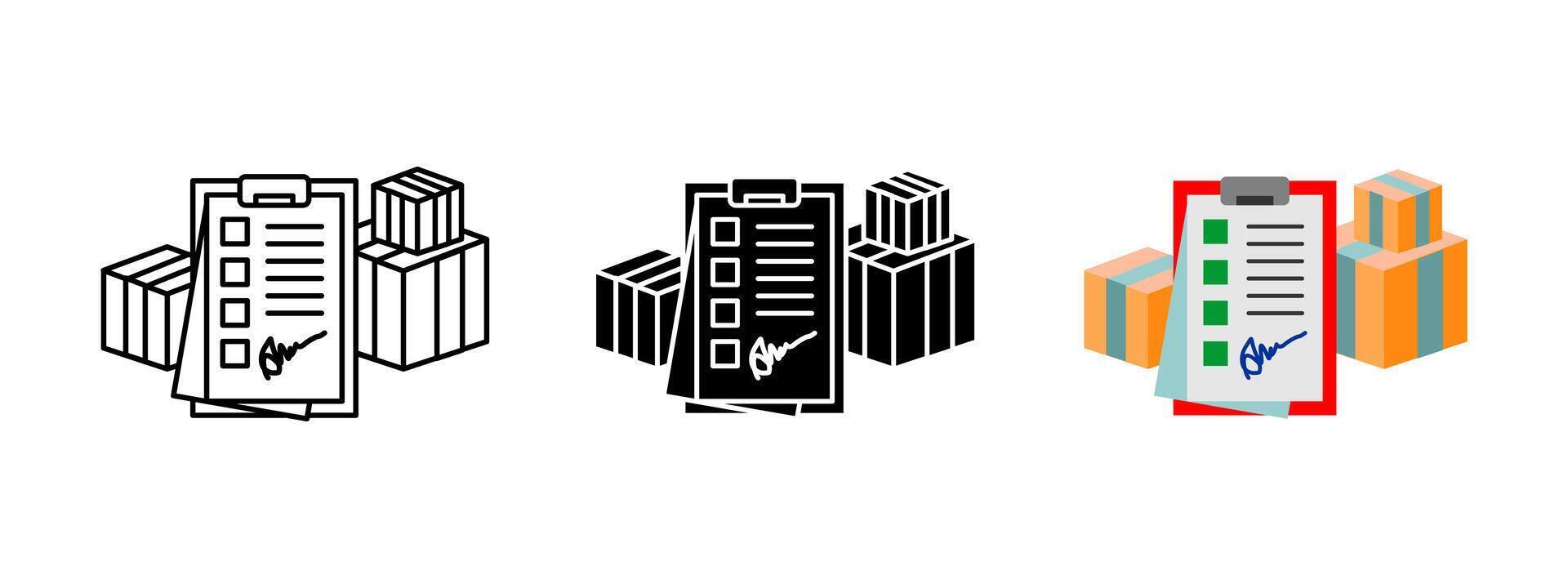 Delivery checklist icon. A clipboard with a signed checklist and stacked packages. Storage and warehouse sign. Order tracking, inventory management and supply chain organization illustration. vector