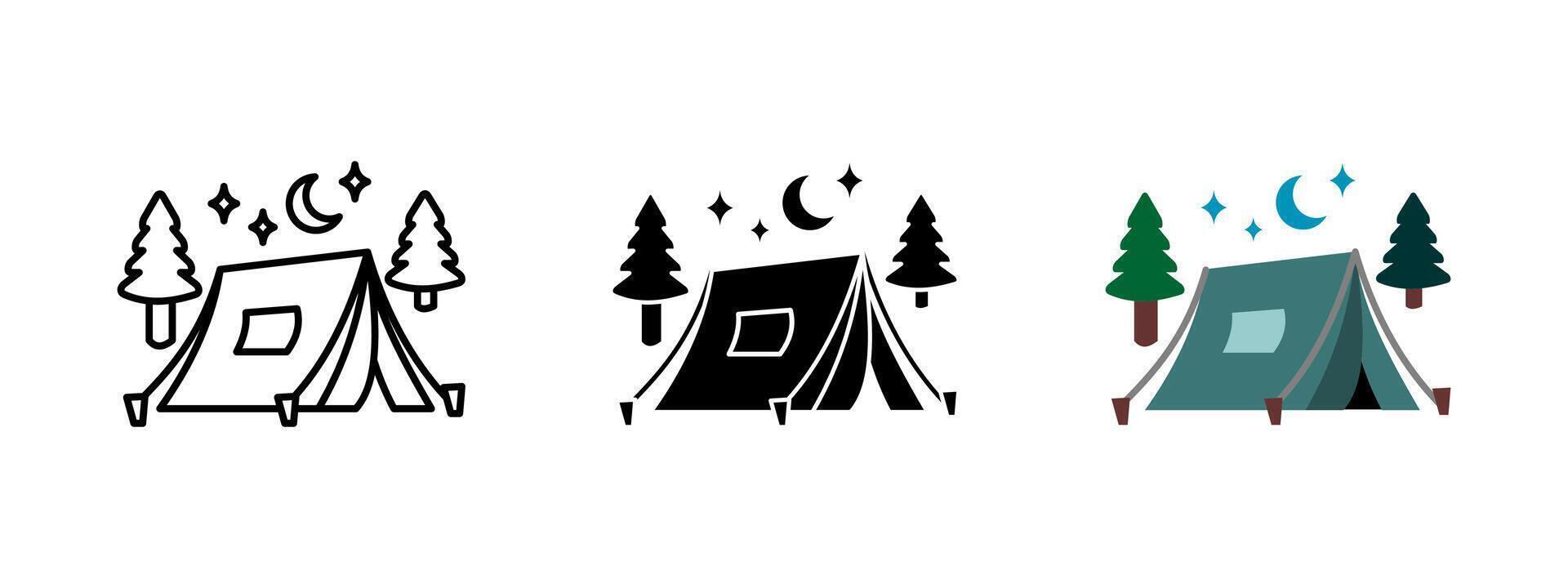 Camping icon. Tent set up in nature under the night sky with trees, moon and stars. Outdoor adventure and exploration illustration. Wilderness recreation and travel concept. vector