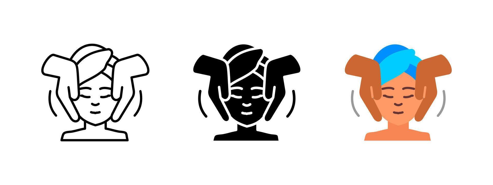 Facial massage icon. Beauty and wellness therapy for relaxation and rejuvenation. Hands applying gentle pressure to the face. Spa and skincare treatment illustration. vector