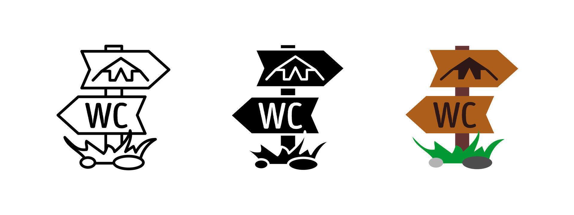 Camping direction sign icon. Wooden signpost with arrows pointing to campsite and restroom facilities. Outdoor navigation and wayfinding illustration. Travel, trekking and tourism guidance sign vector