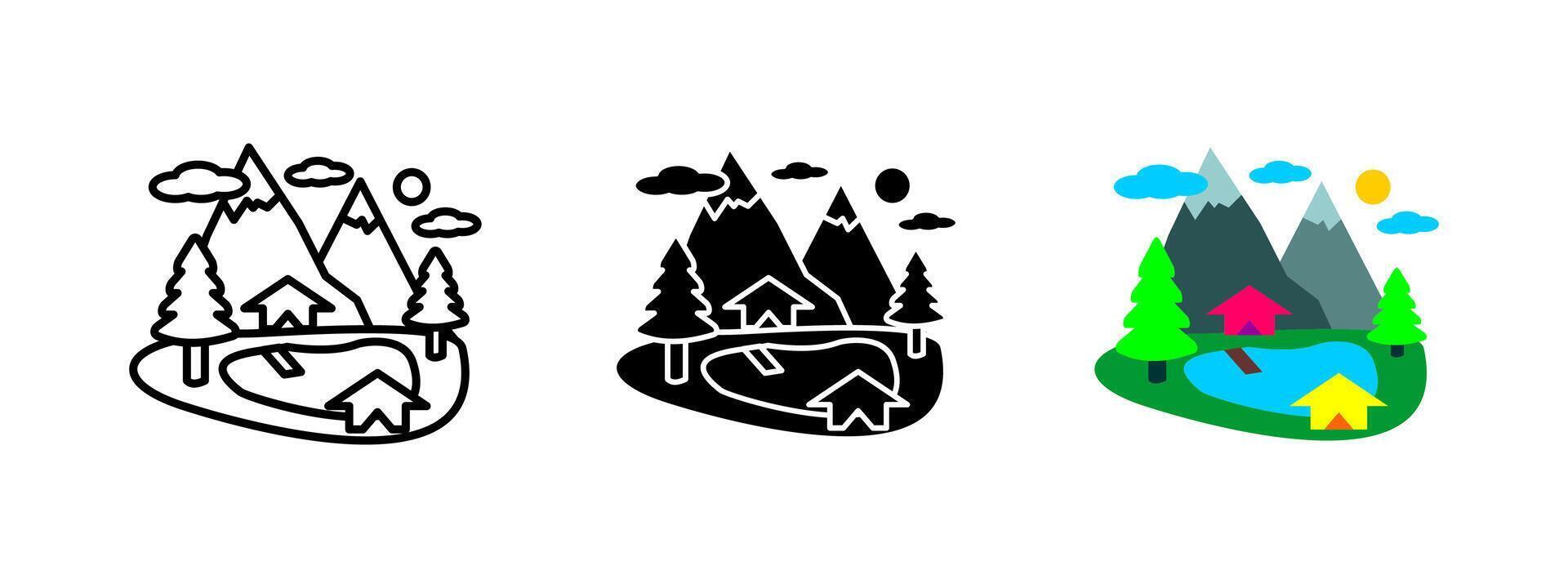 Mountain village icon. Scenic landscape with mountains, houses, trees and a lake. Nature-inspired travel and adventure illustration. Rural community and outdoor exploration symbol. vector
