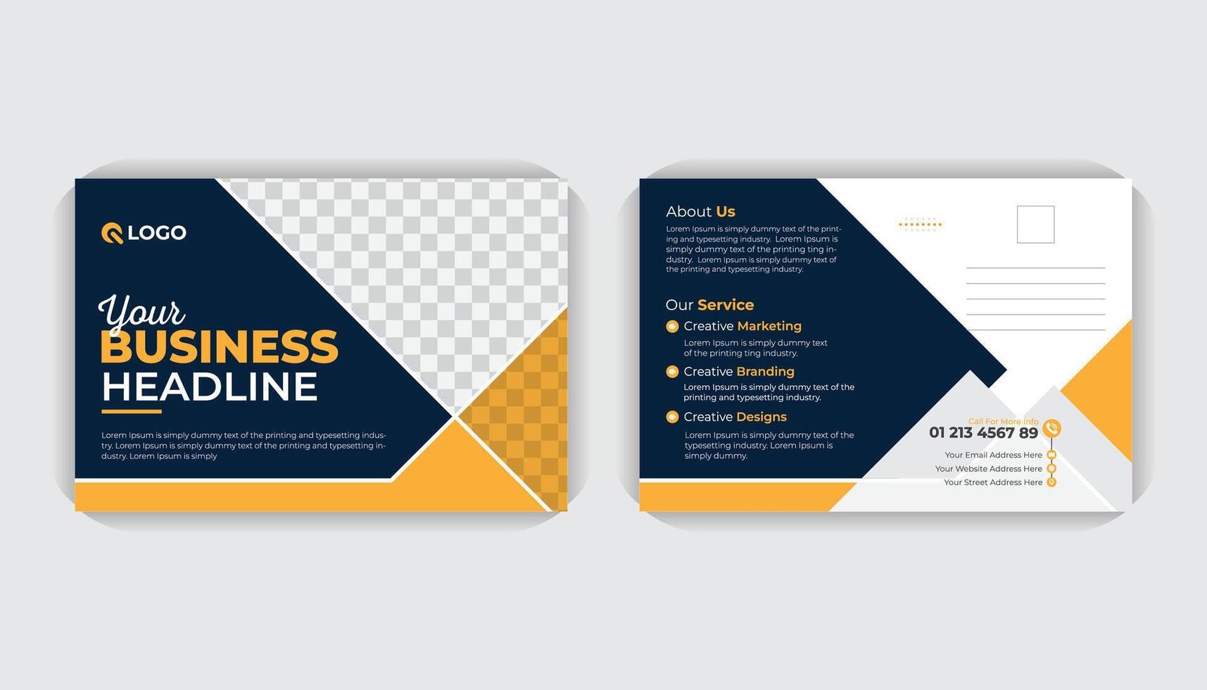 Dark blue and yellow color Creative corporate business modern postcard design template. Elegant postcard design, marketing postcard design, business postcard design. Postcard design template vector
