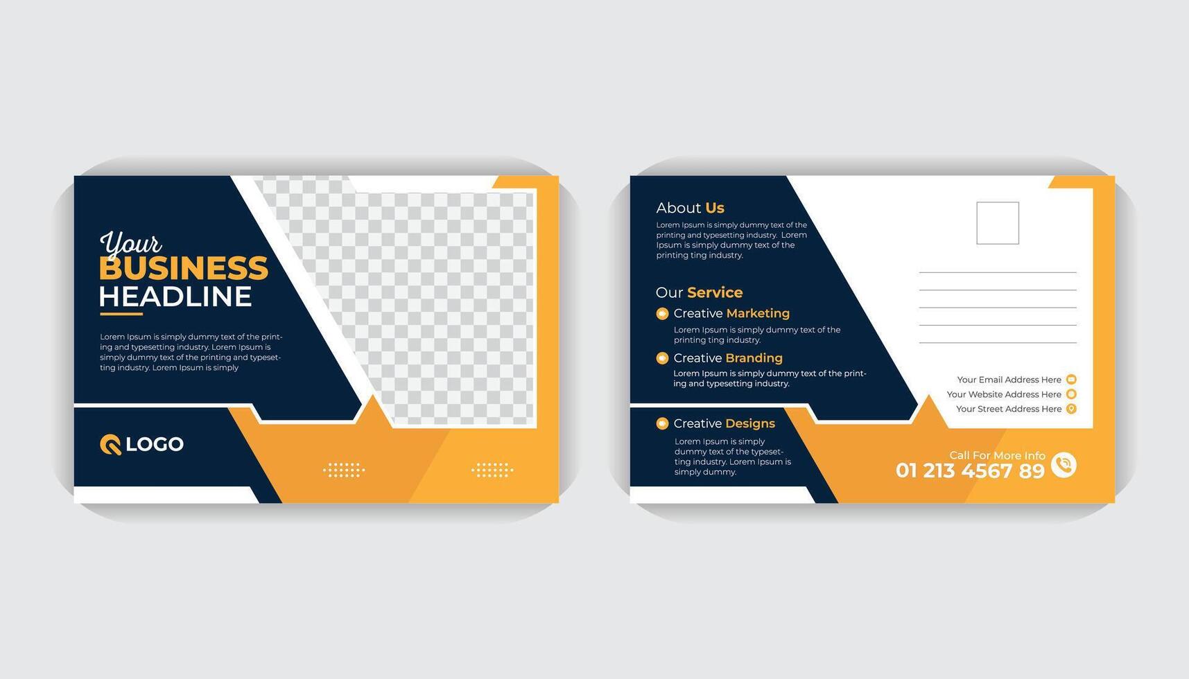 Dark blue and yellow color Double sided Landscape poster. Elegant postcard design, marketing postcard design, business postcard design. Postcard EDDM design template vector