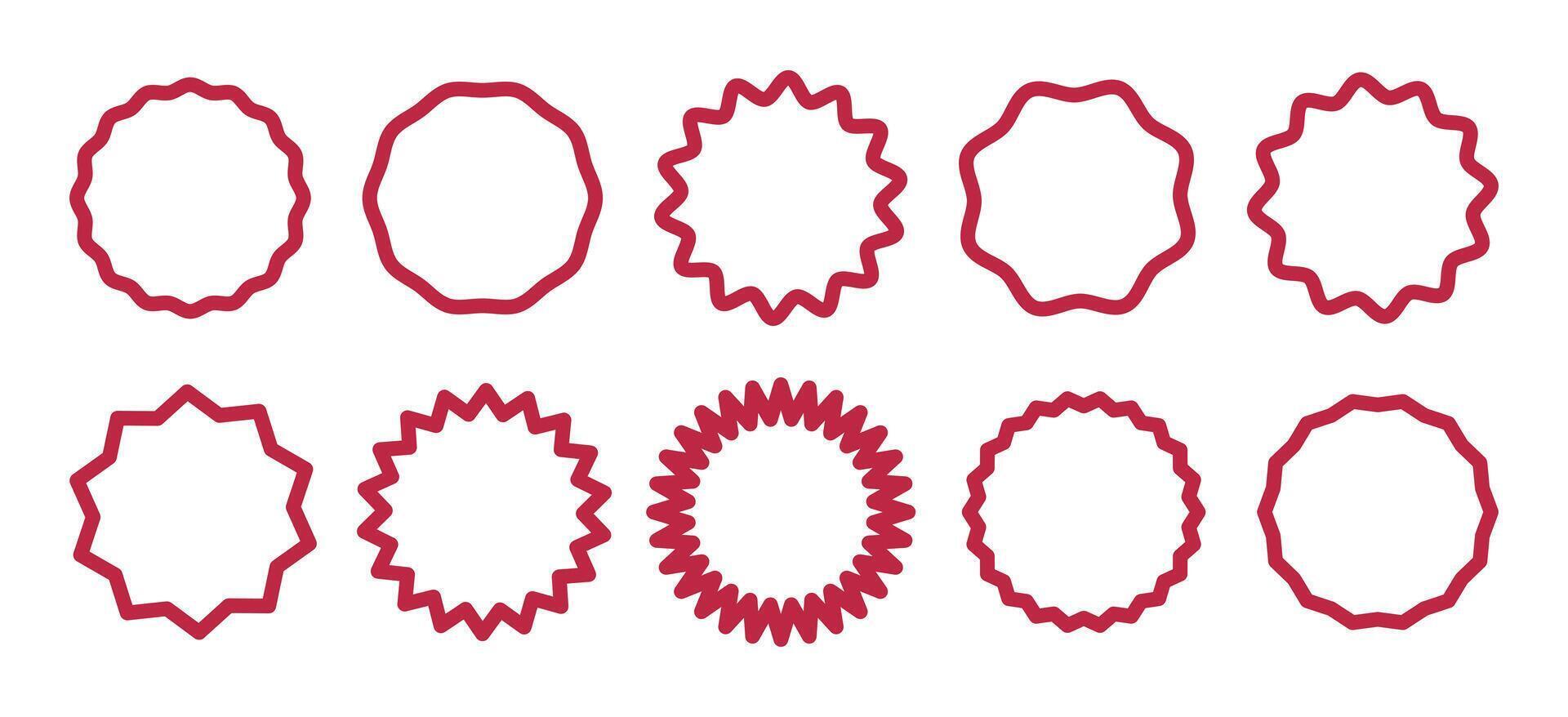 Circle lined red borders. Curve edge frames set. Wavy circles mockup. Minimalist round frame. Graphic trendy illustration. Geometric line design layout. Editable stroke template. Silhouette flat icons vector