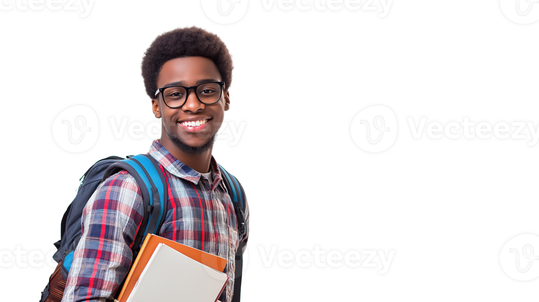 Smiling Young African Student with Books and Backpack, Isolated on Transparent Background with Copy Space png