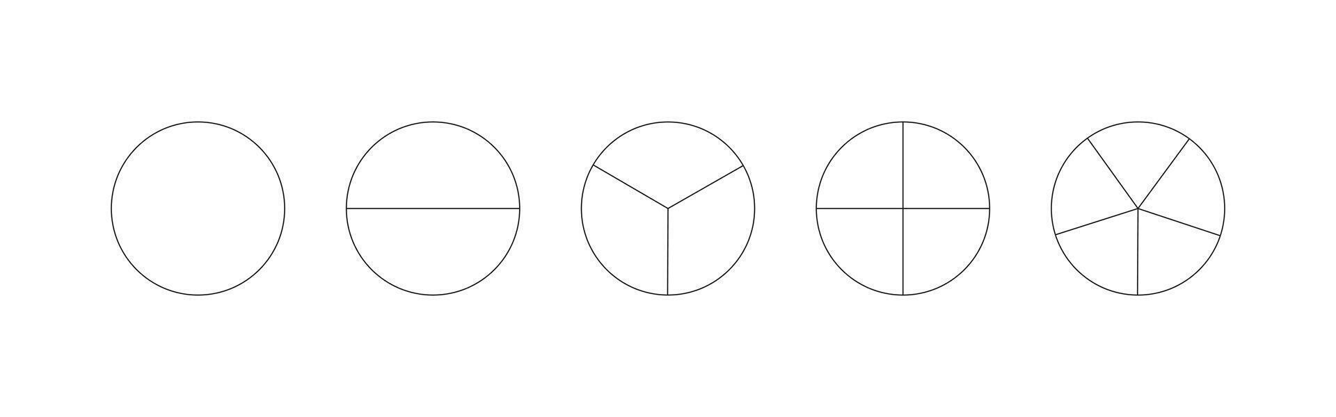 Pie chart template from 1 to 5. Segmented charts. Many number of sectors divide the circle on equal parts. Outline black graphics. Pizza charts set. Segments minimal infographic. Diagram wheel parts. vector