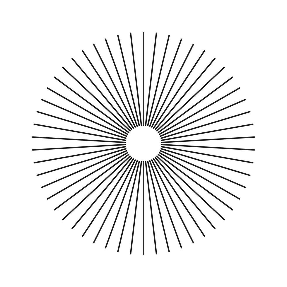Circle burst. Sunburst element. Starburst radial stripes. Ray beam. Radial circle lines. Circular lines. Symbol of Sun star rays. Flat design. Spokes with radiating stripes. Abstract geometric shapes. vector