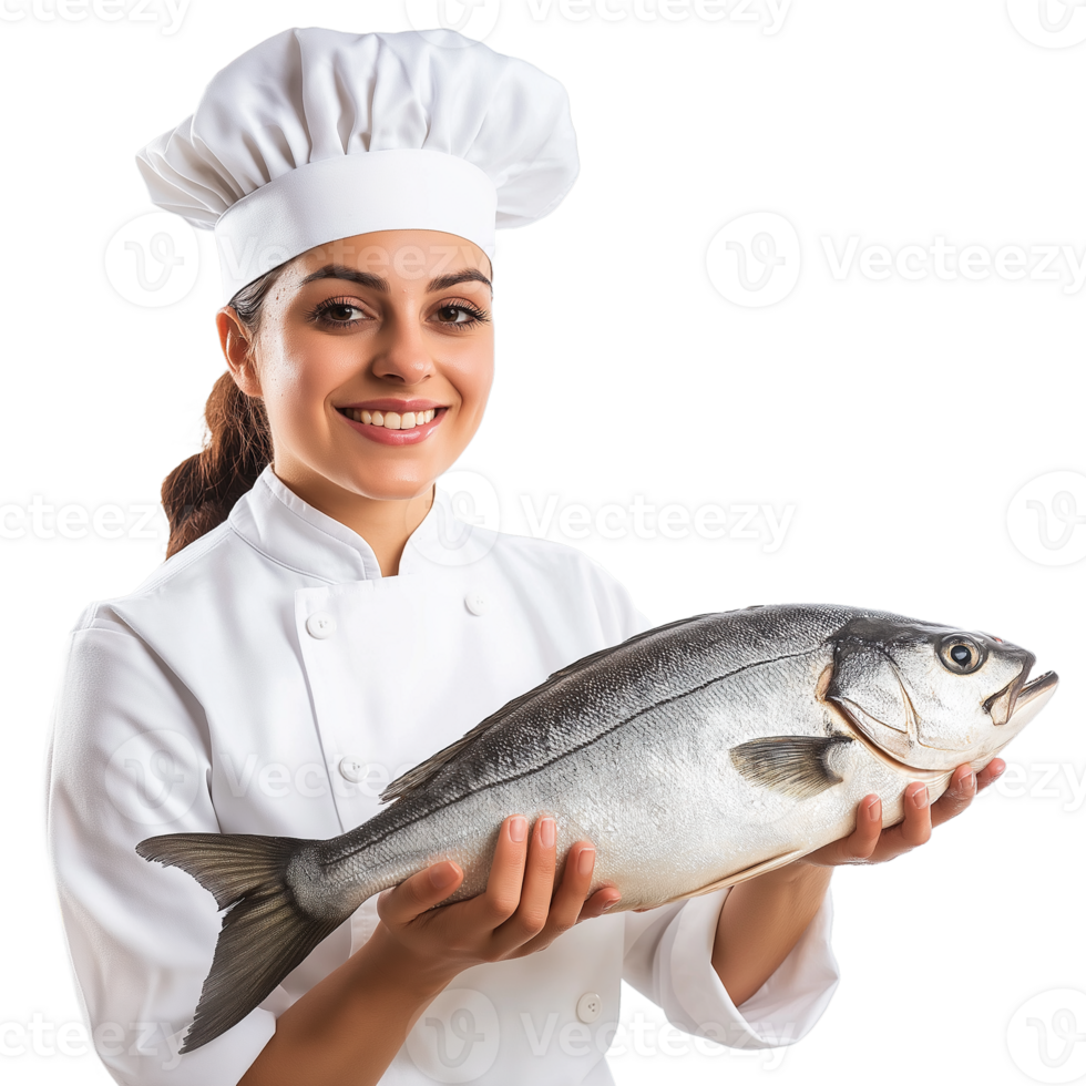 Cheerful Female Chef Presenting Fresh Fish, Isolated on Transparent Background png