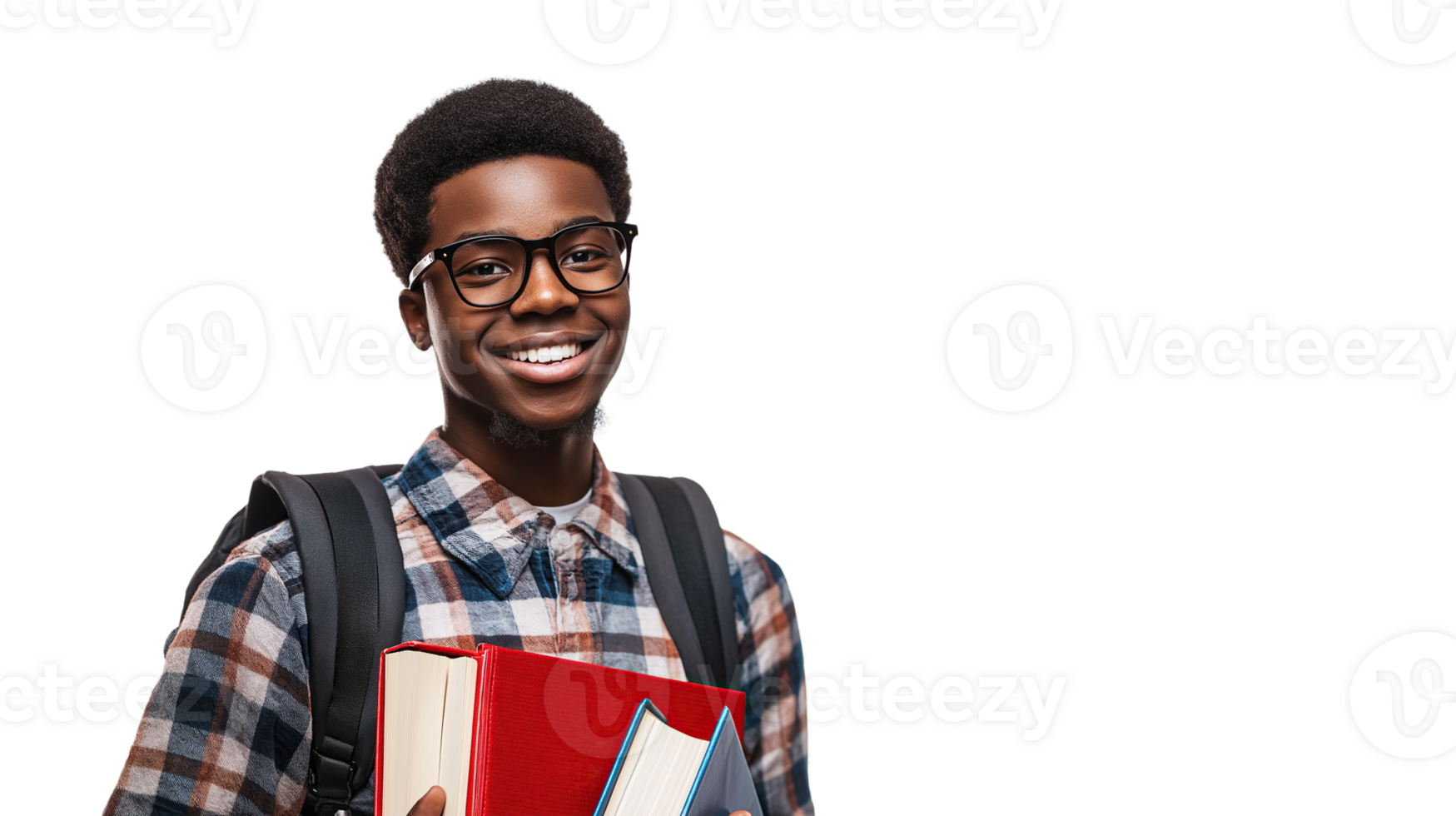 African Student Smiling, Carrying Books and Wearing Glasses, Transparent Background with Copy Space png