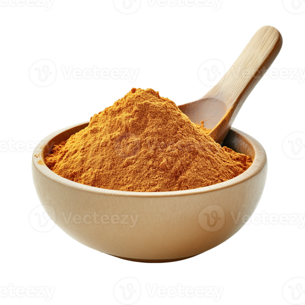 Turmeric Powder Pile in Bowl and Spoon Isolated on Transparent Background, side View png