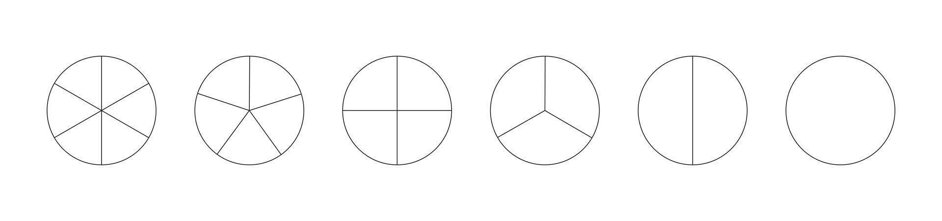Circle division on from 1 to 6 equal parts. Round divided diagrams with from one to six segments. Infographic set. Coaching blank. Outline graphics. Set of pizza, pie charts. Segmented pinwheel black. vector