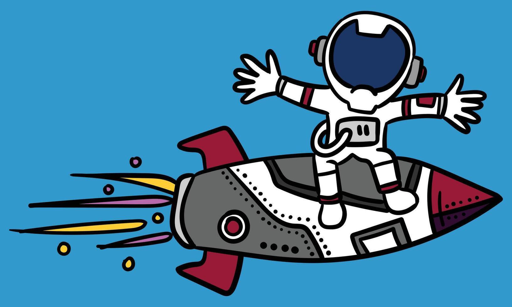 Happy astronaut sitting on flying rocket. vector