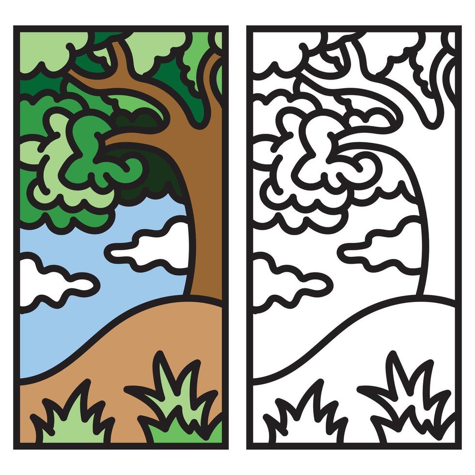 Tree on the hill coloring page side to side. vector