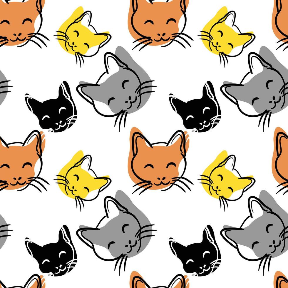 Hand drawn smiling cat seamless pattern in white background. vector