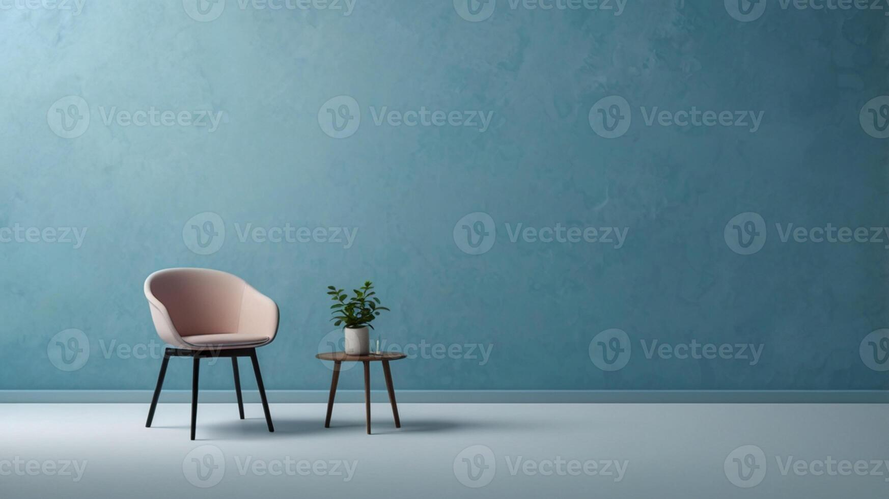 A chair and table in front of a blue wall photo