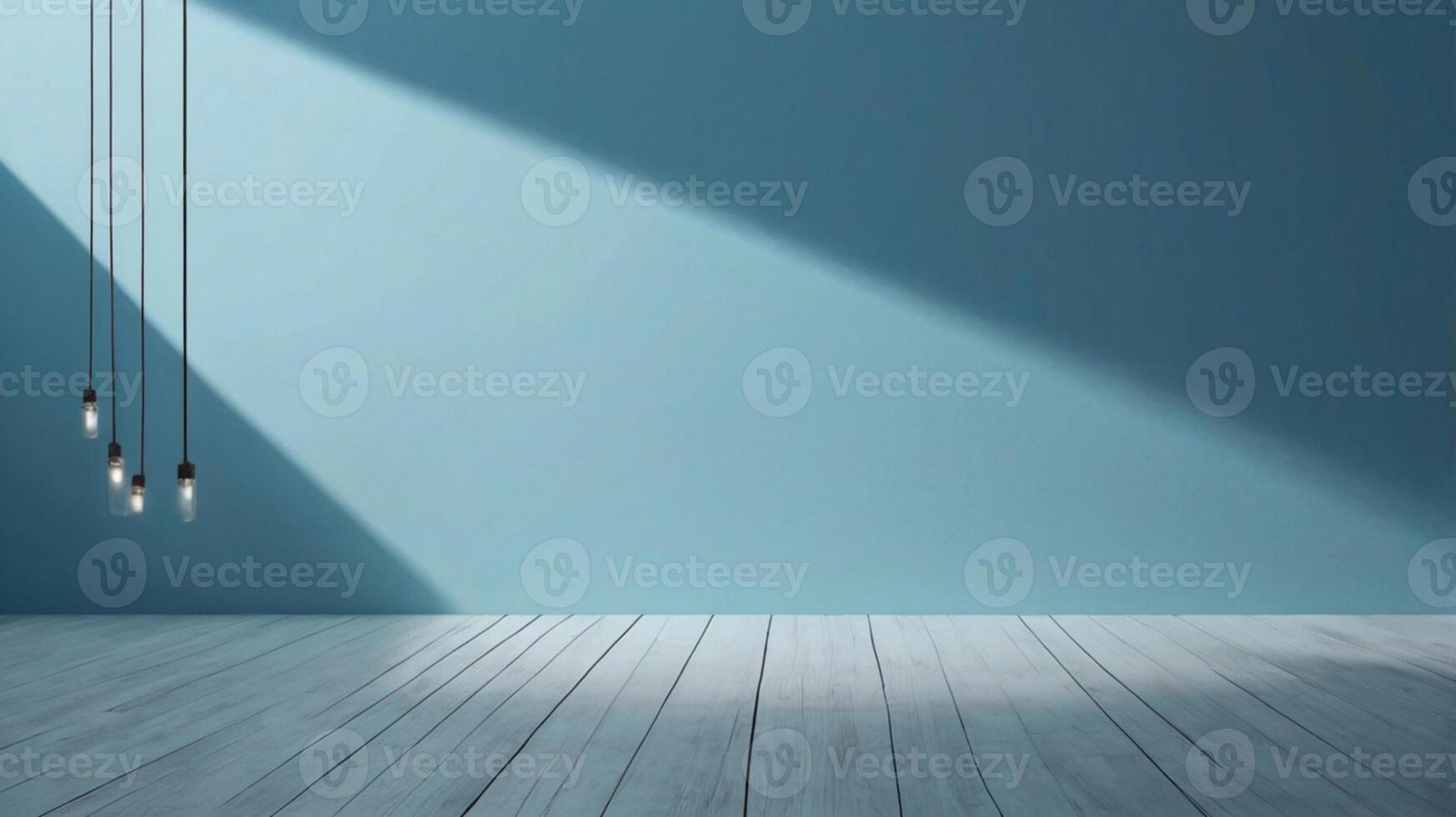 An empty room with blue walls and light bulbs photo
