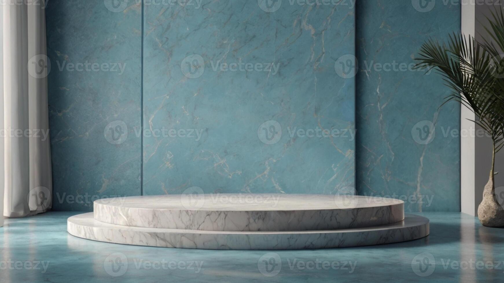 A marble pedestal in front of a blue wall photo