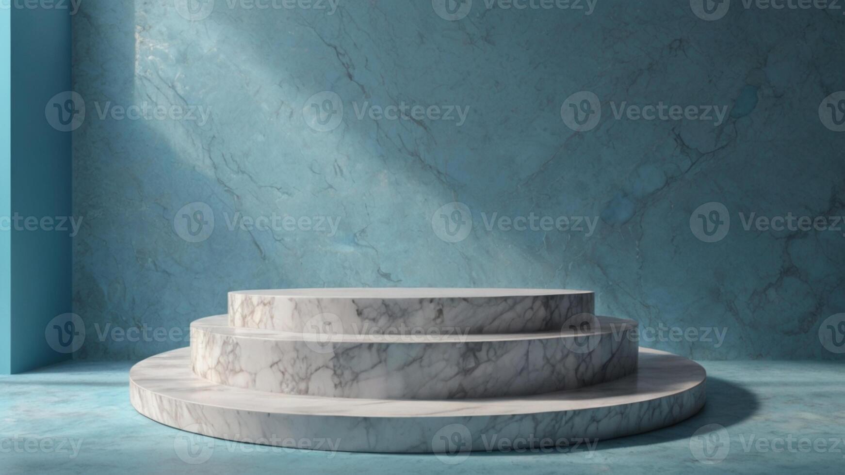 A marble pedestal in front of a blue wall photo
