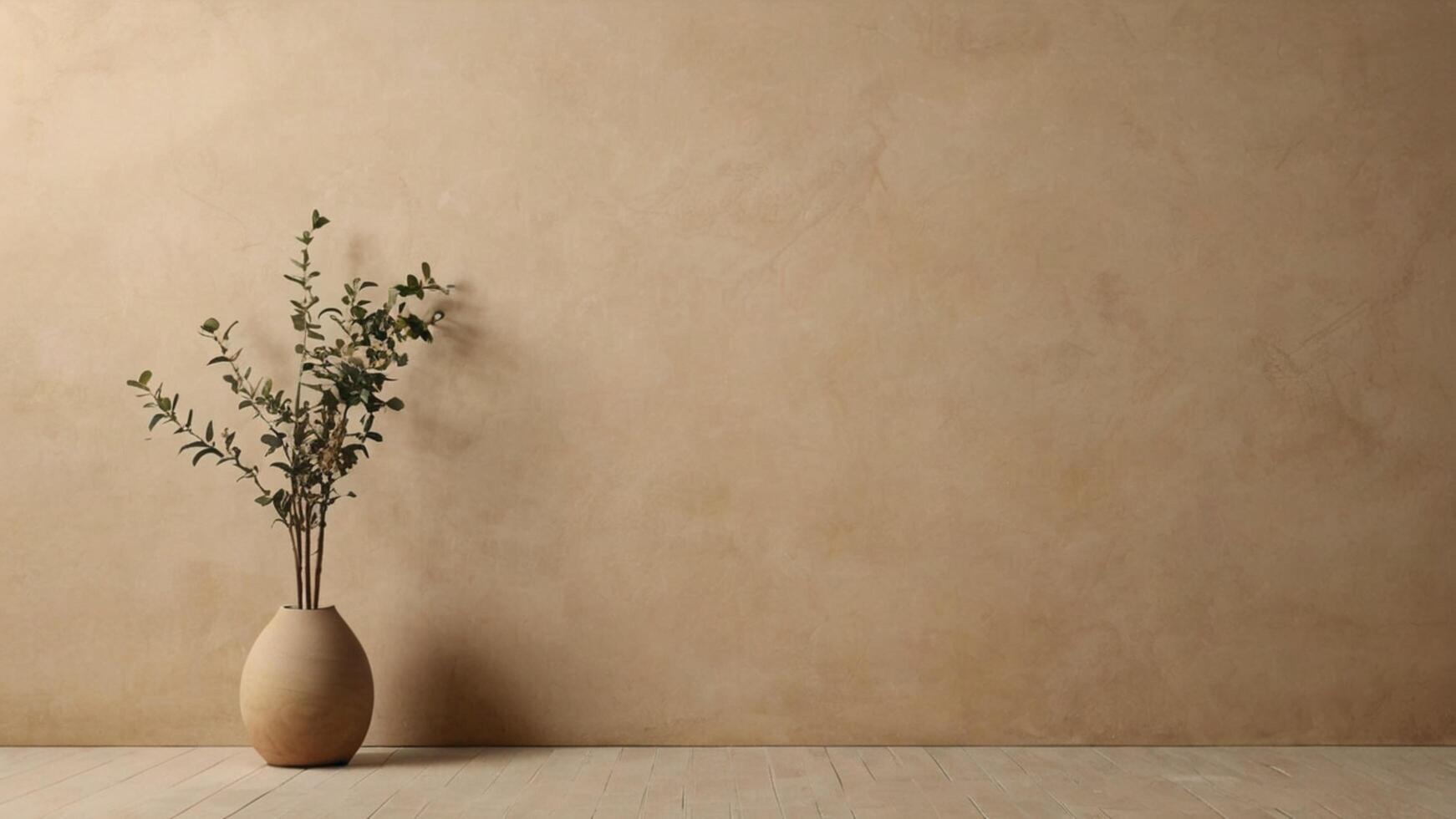 A vase with a plant in front of a wall photo