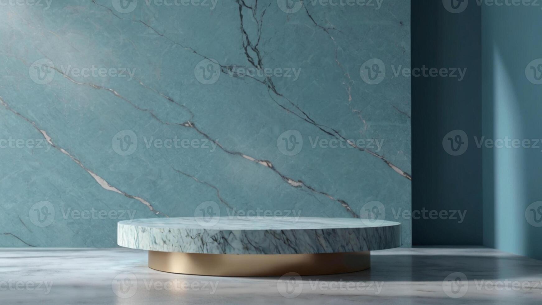 A marble table in front of a blue wall photo