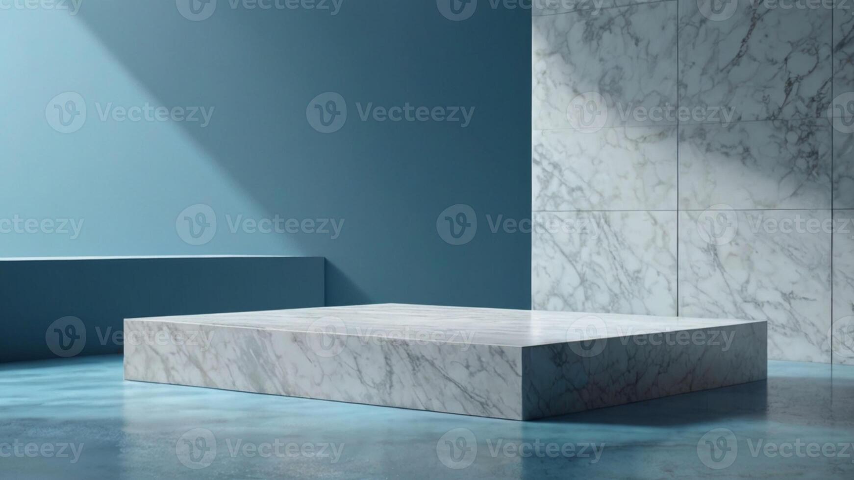 A marble table in a blue room with a wall photo