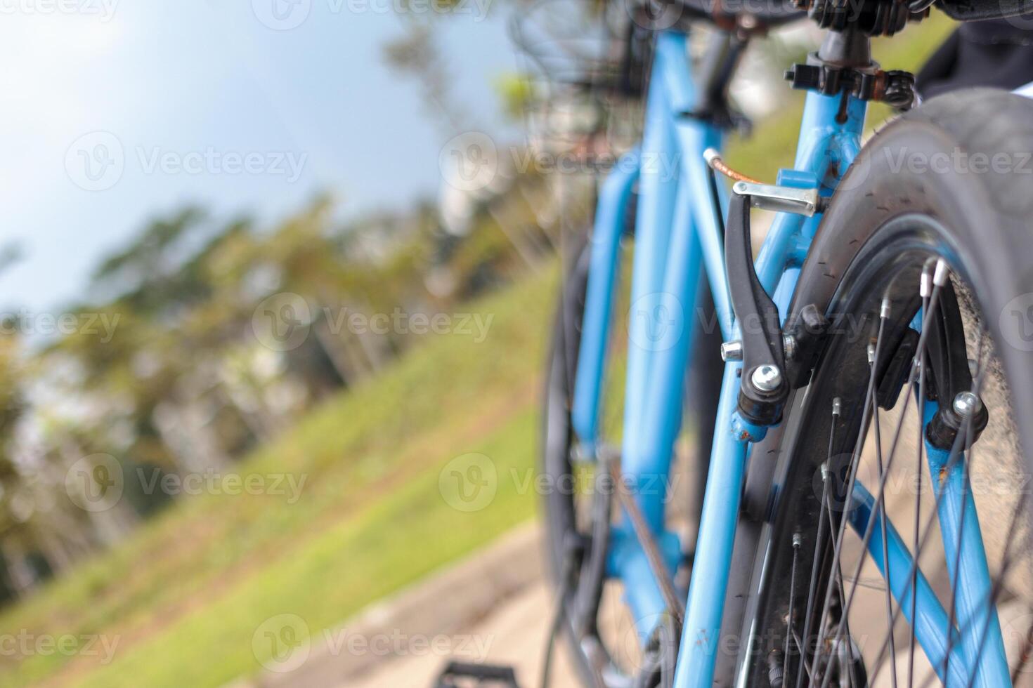 Close Up of Blue Bicycle Wheel and Brake in Park Outdoor photo