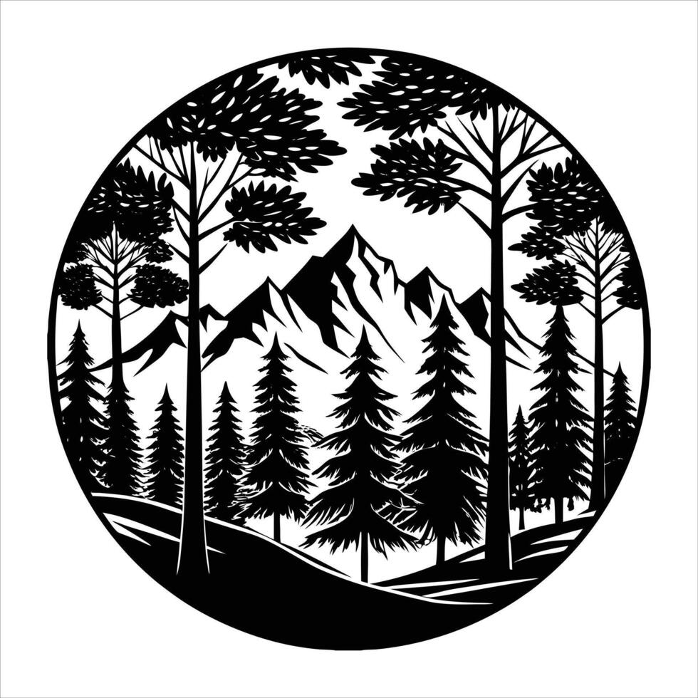 Monochrome mountain landscape with forest vector