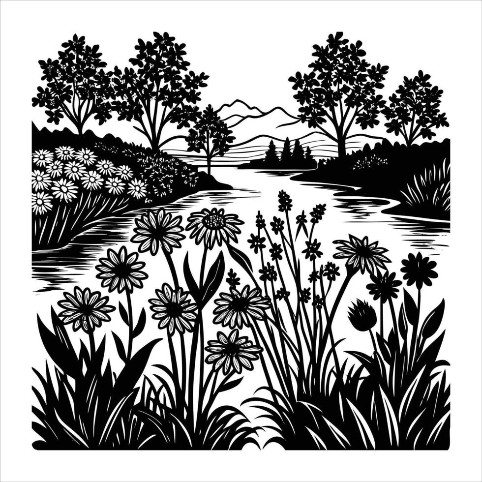 River With Wildflowers vector