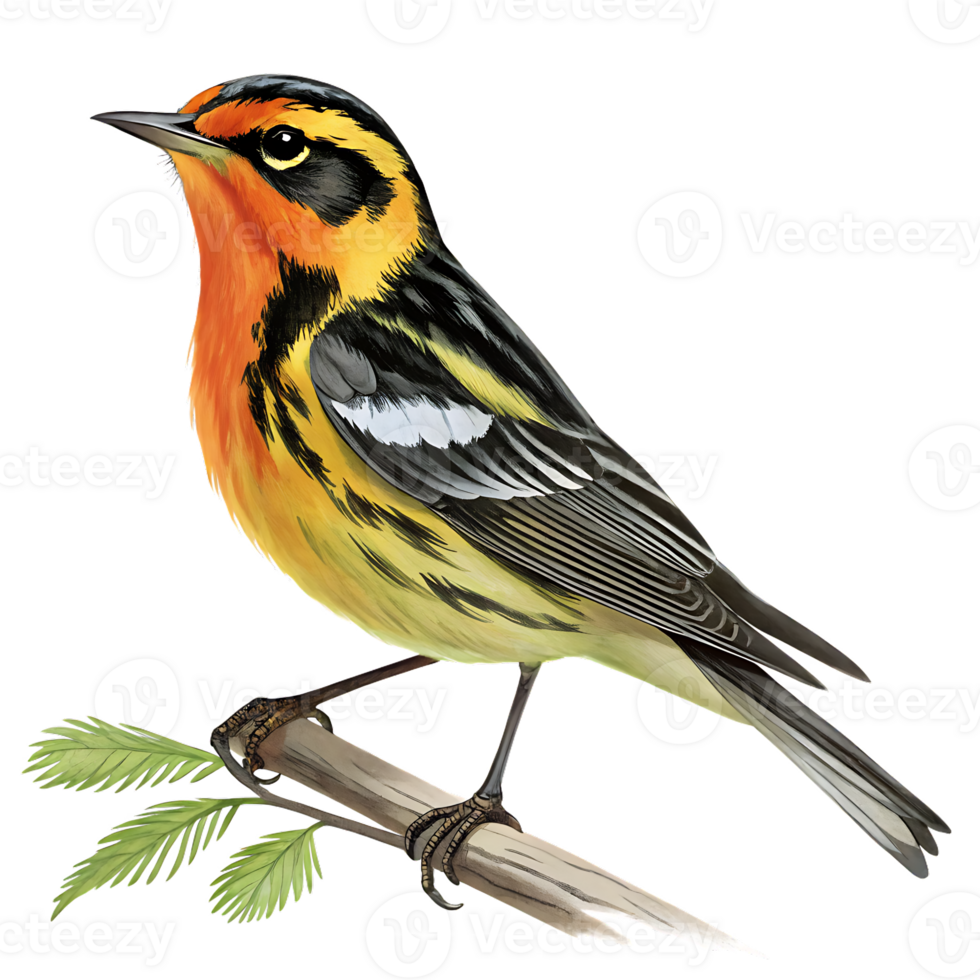 Vibrant Illustration of an Orange-crowned Warbler Perched on a Branch png